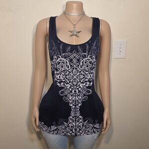 Bleu Blue & White Floral Baroque Print Rhinestone Bedazzled Tank